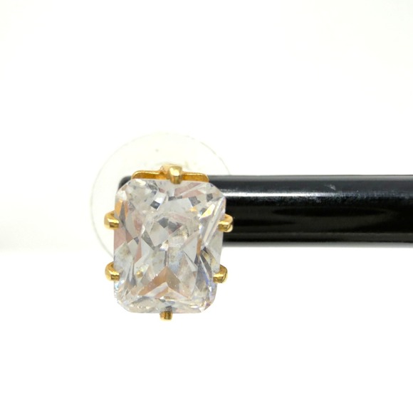 Gold Tone Cubic Zirconia Stud Earrings Square Cut Clear - Picture 2 of 8